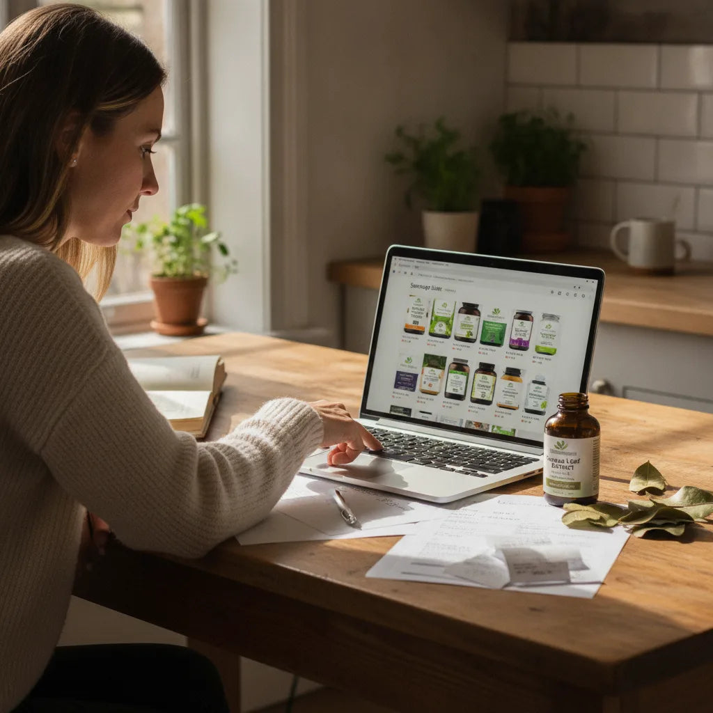 Person reviews soursop extract while shopping online
