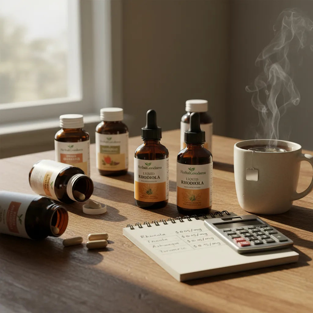 Comparing liquid rhodiola bottles on kitchen table