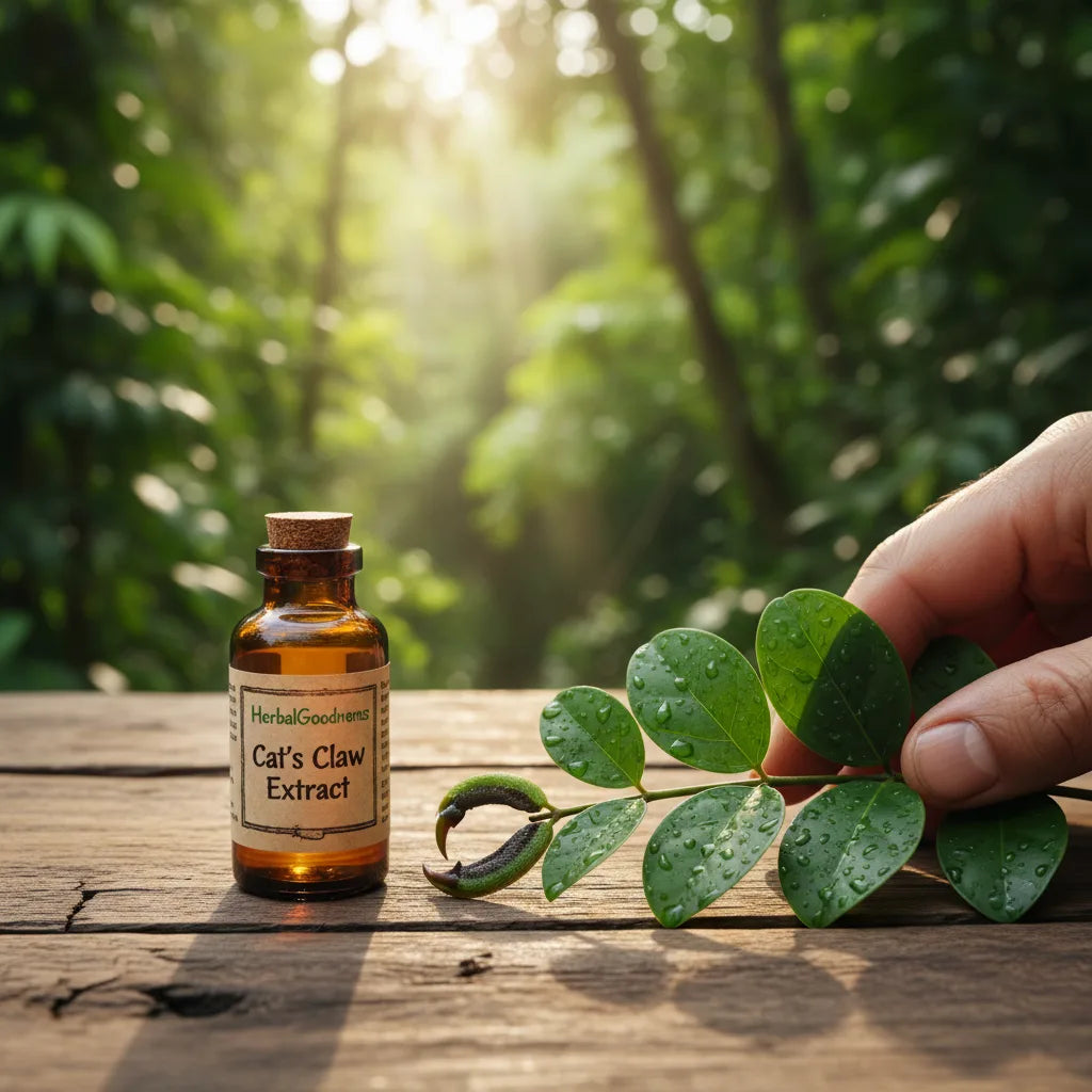 Cat’s claw extract bottle beside fresh vine