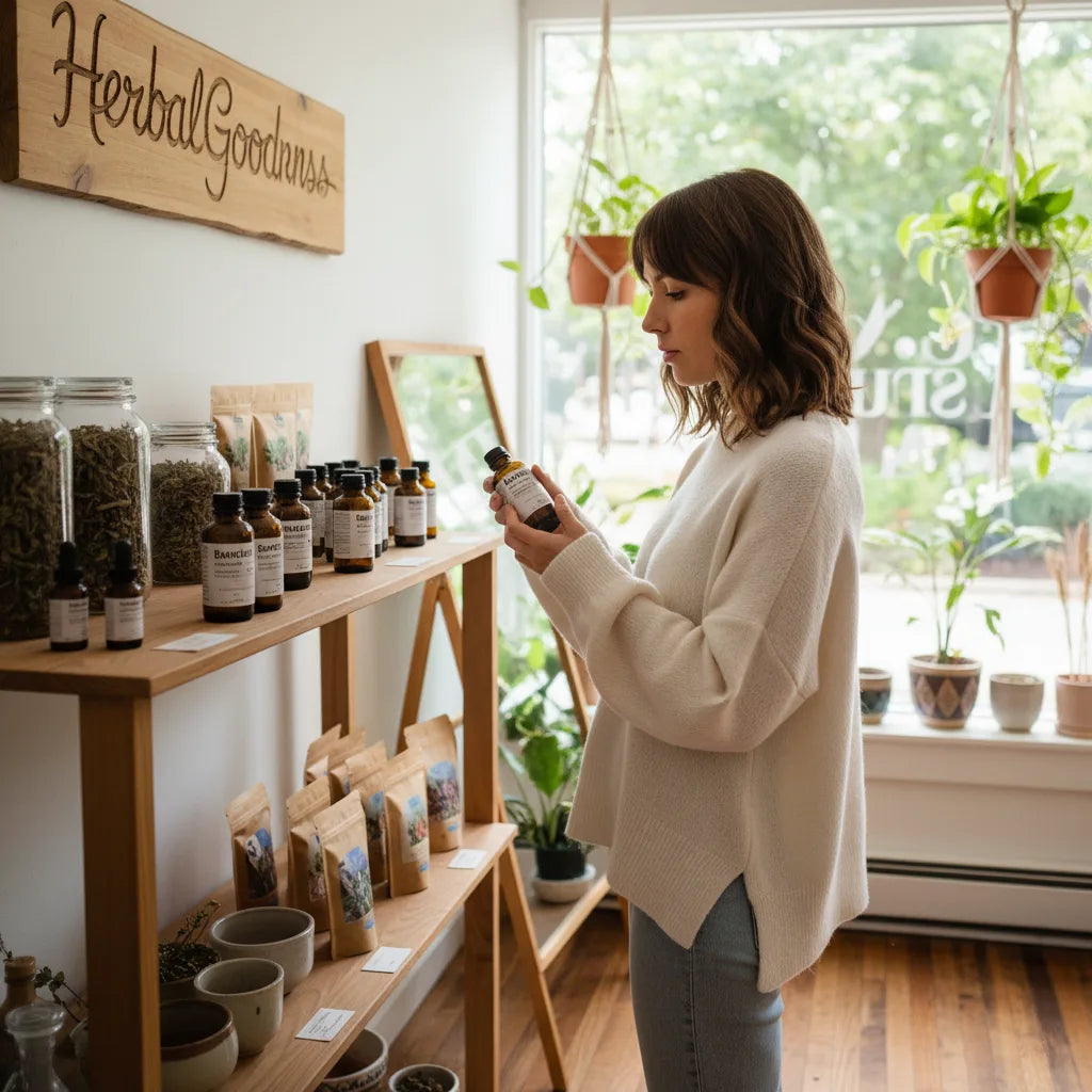 Woman browsing bamboo extract supplements locally