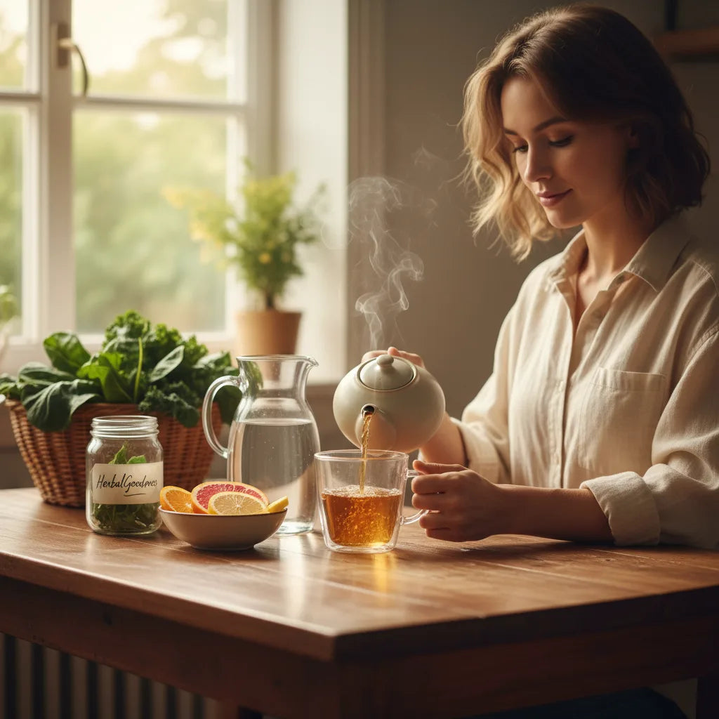 Pouring herbal tea by sunny kitchen window