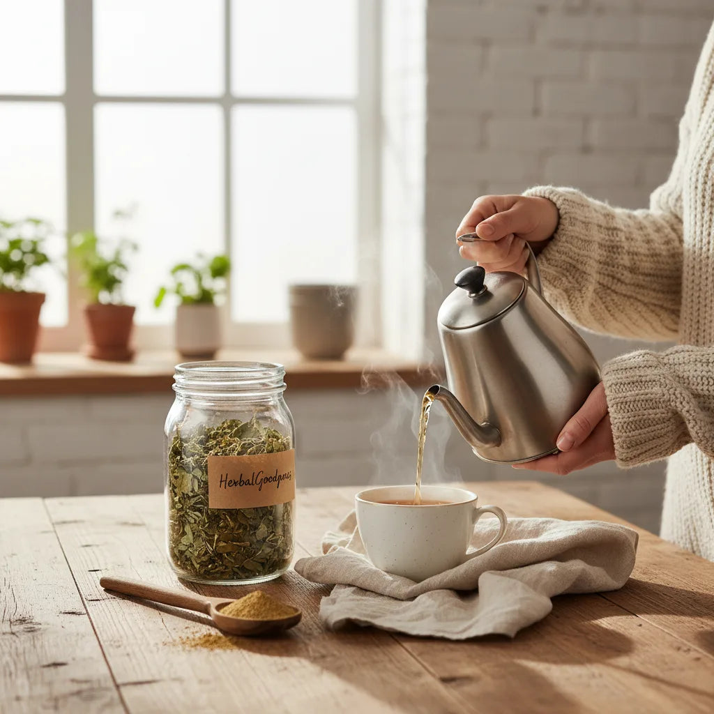 Pouring Chanca Piedra tea in kitchen