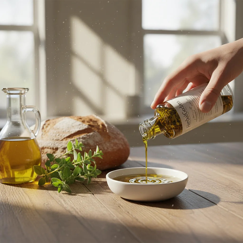 Pouring herbal infused oil in sunny kitchen