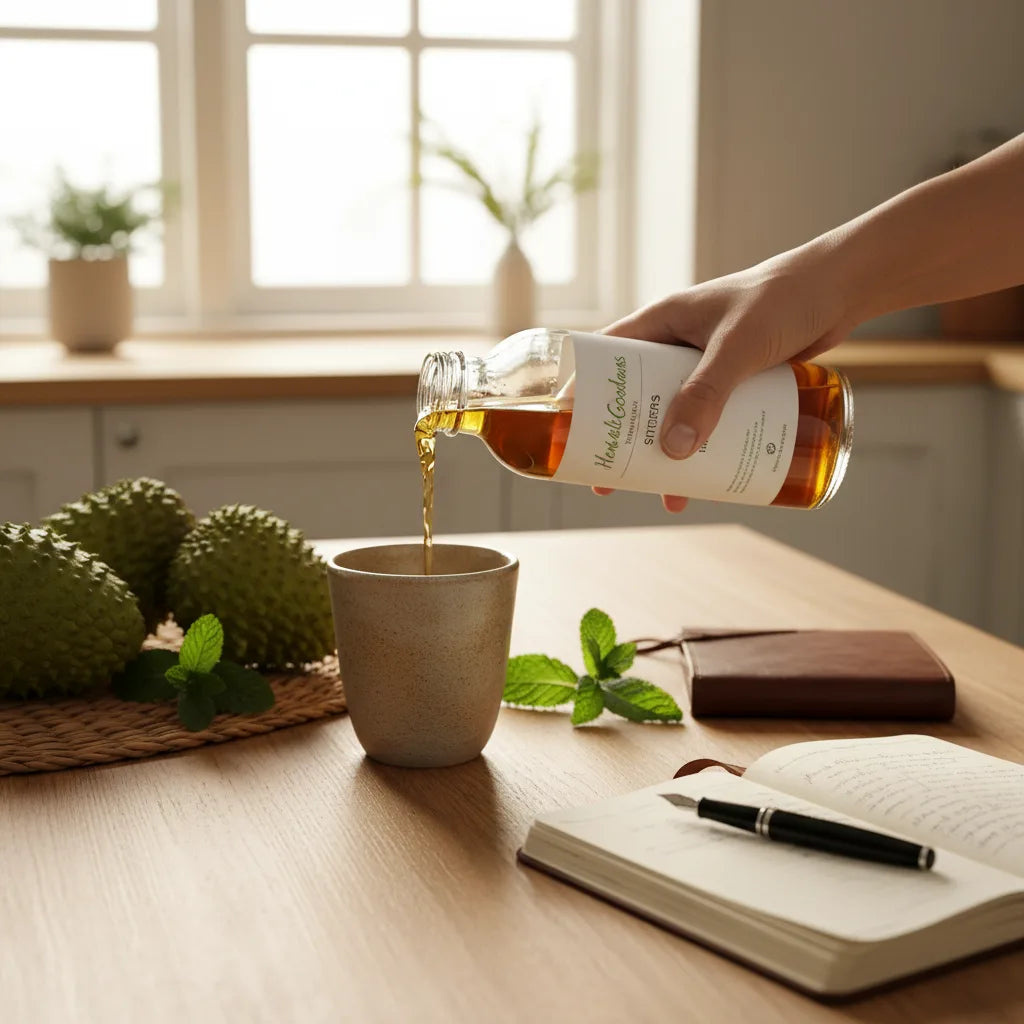 Morning kitchen, soursop bitters poured mindfully