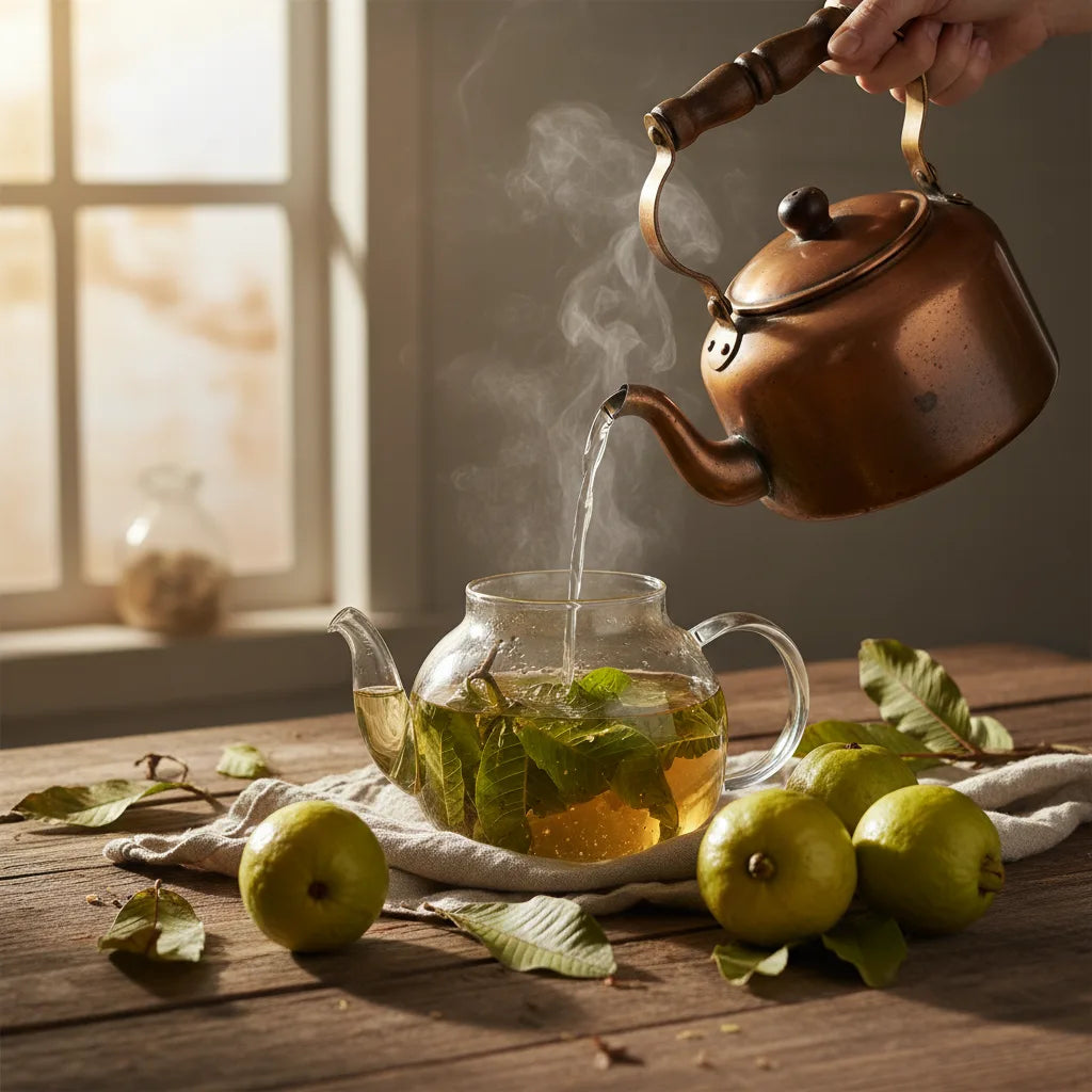 Pouring water over fresh guava leaf tea