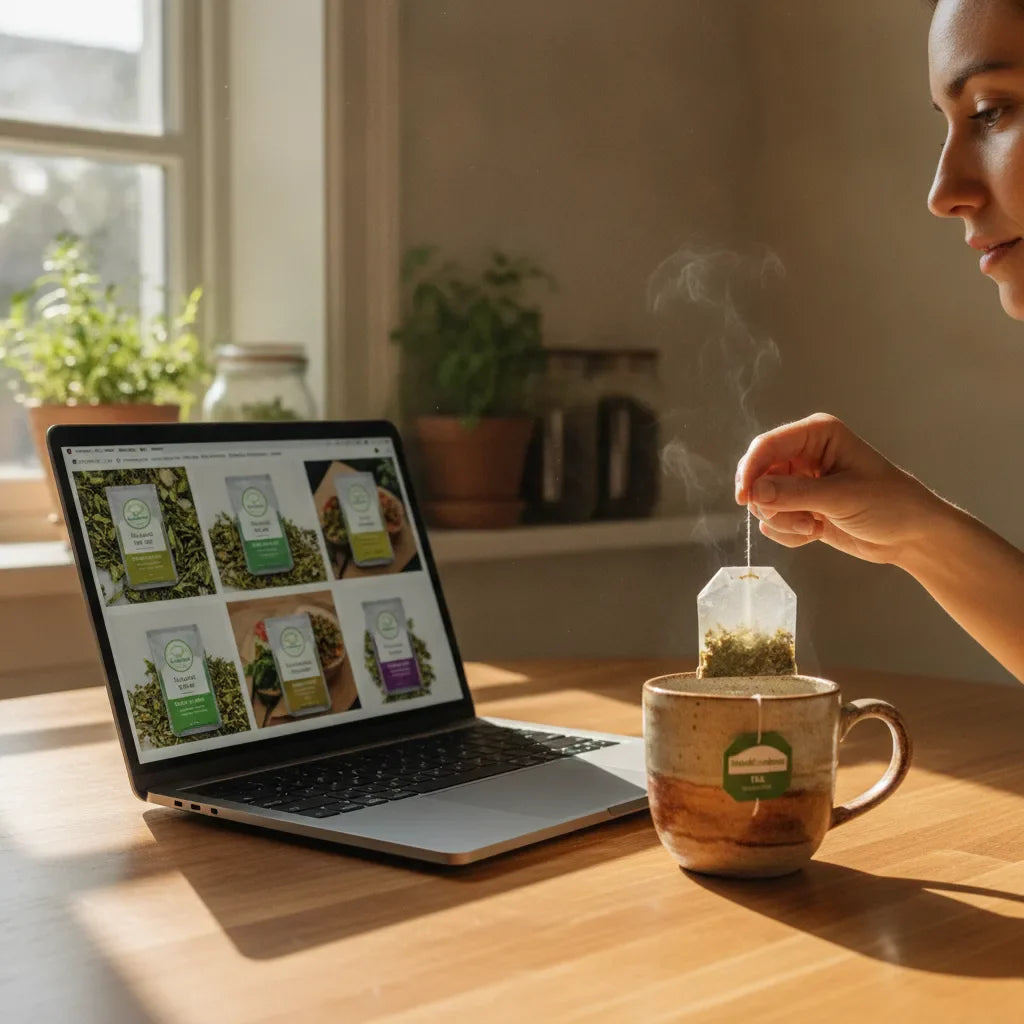 Person checks tea bag and product images
