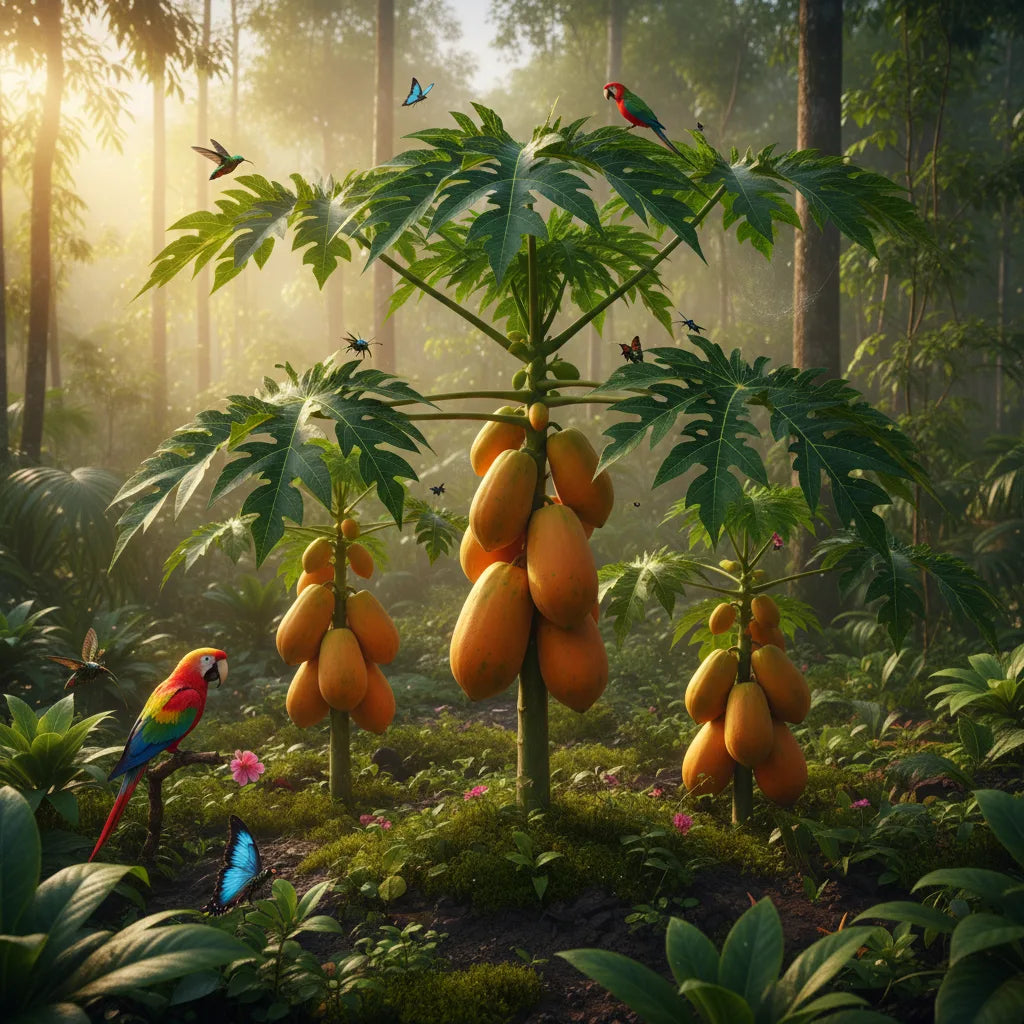 Wild papaya trees thriving in lush rainforest