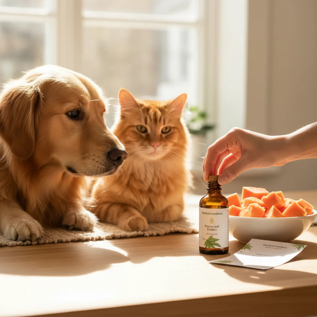 Dog and cat observe papaya extract bottle