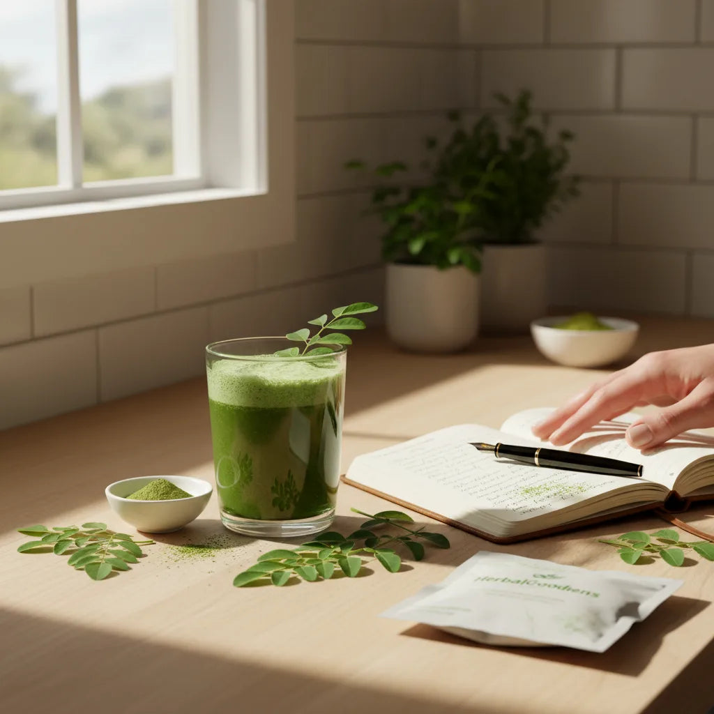 Morning moringa ritual with journal, sunlight.