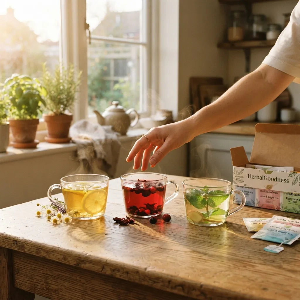 Three herbal teas and hand on table