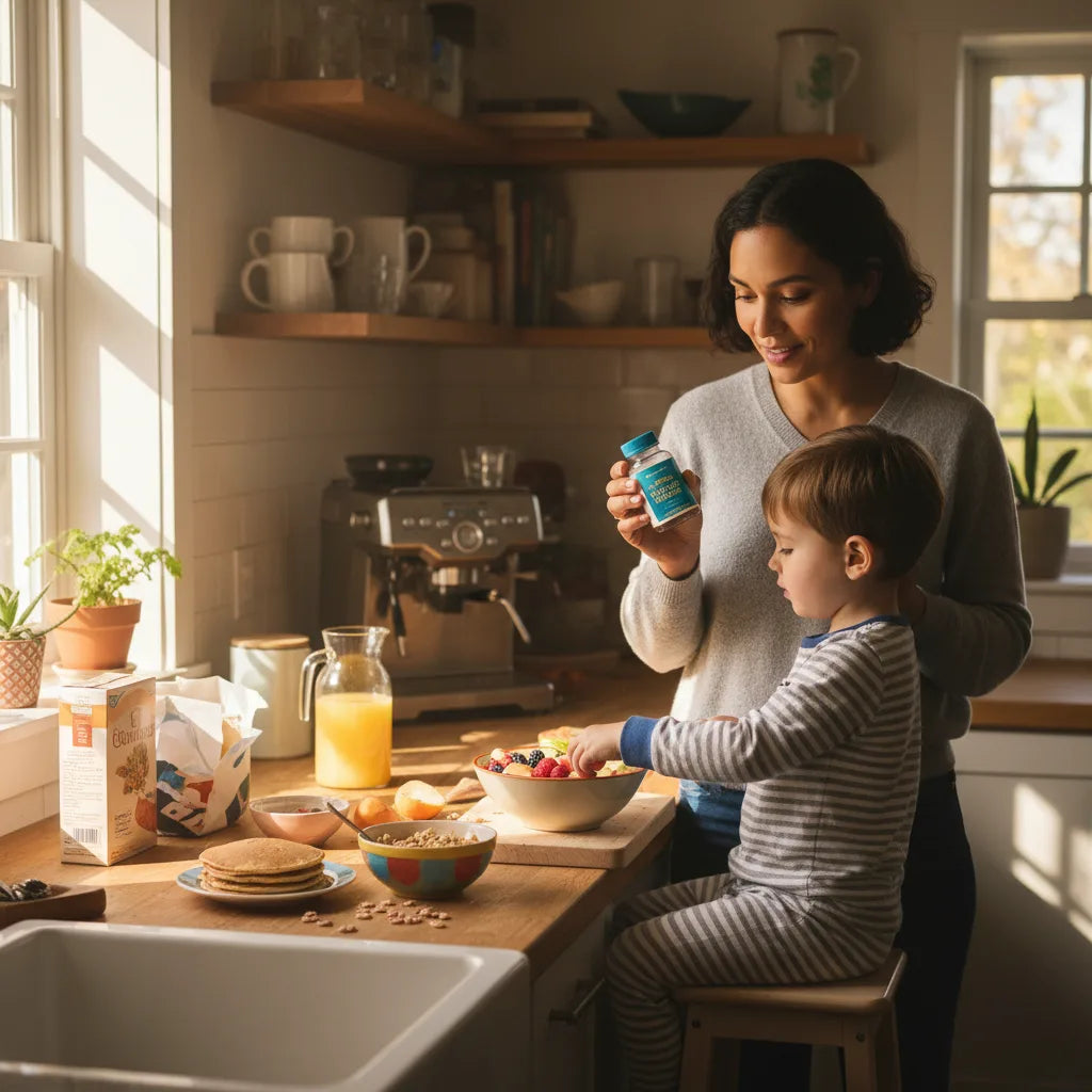 Parent examines supplement label with child present