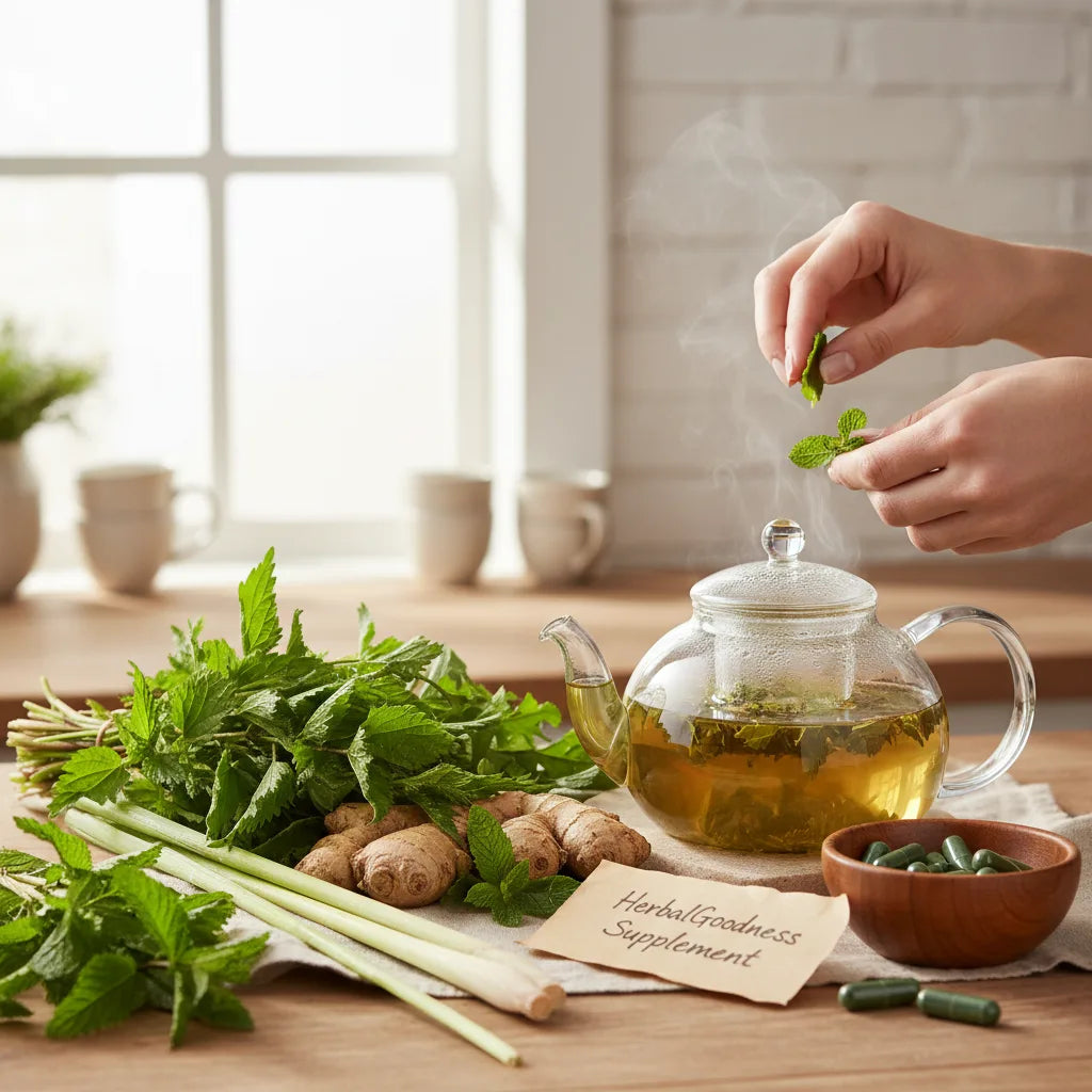 Herbal ingredients and supplement on sunny counter