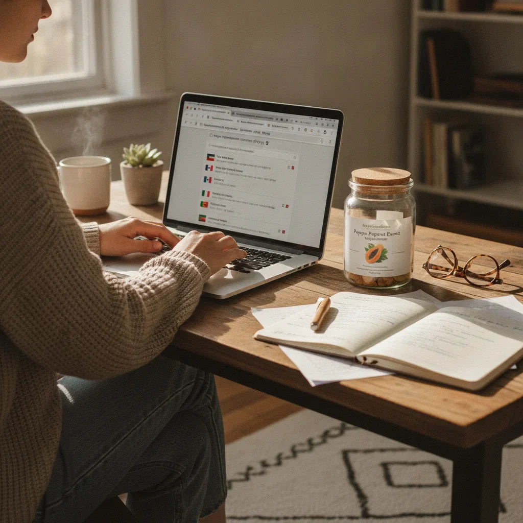 Person researching papaya supplements across global websites