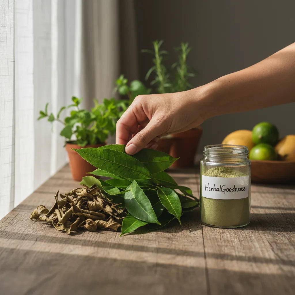 Selecting fresh, dried, and powdered mango leaves