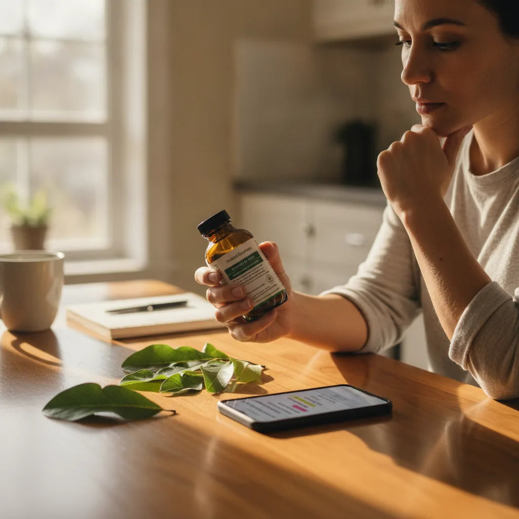 Person reading soursop extract label carefully