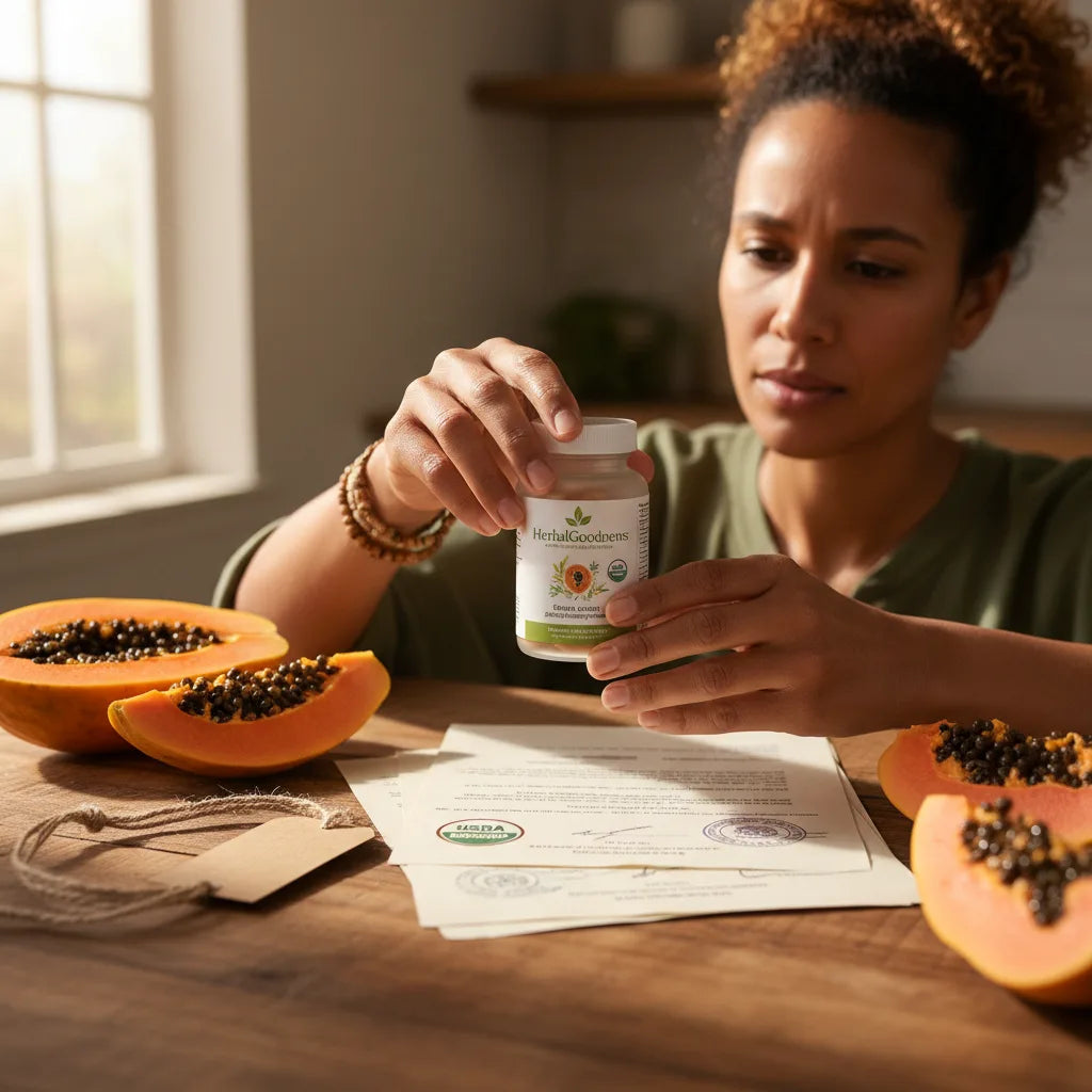 Examining papaya supplement label with certifications