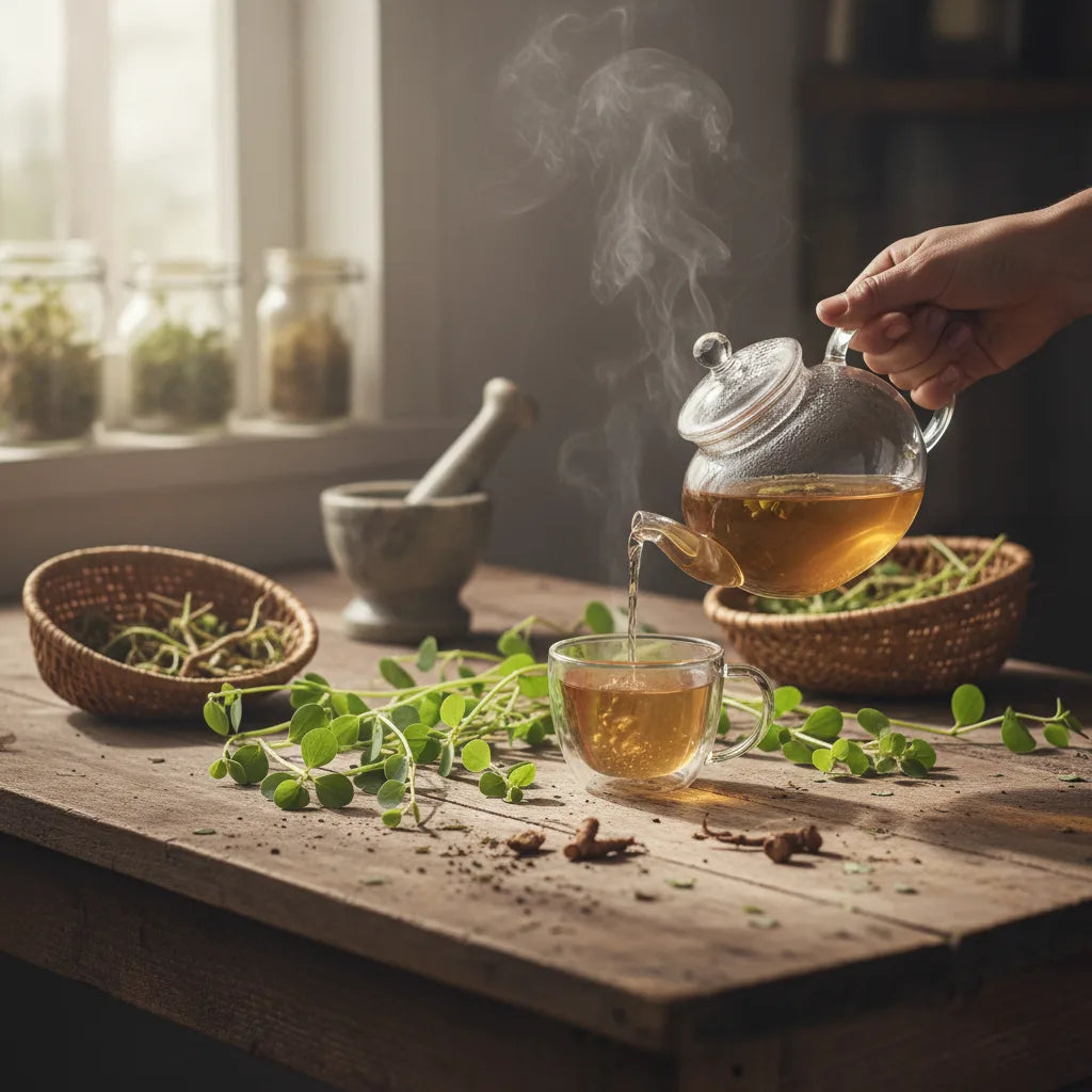 Stonebreaker tea brewed on rustic kitchen table