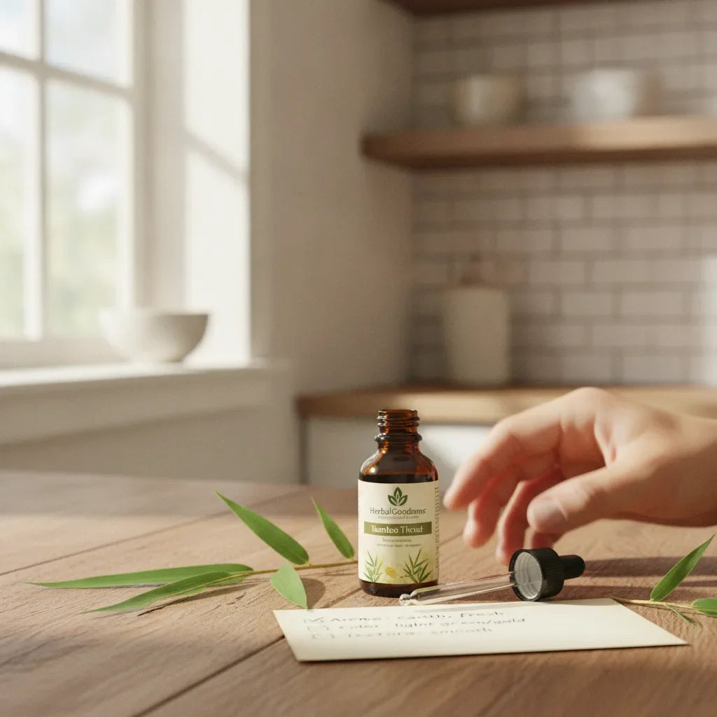 Hand inspecting bamboo tincture by window light