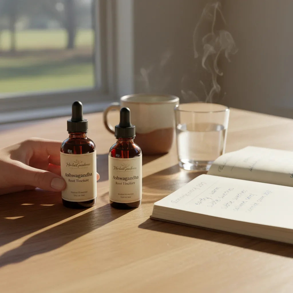 Ashwagandha tinctures and notes on kitchen table