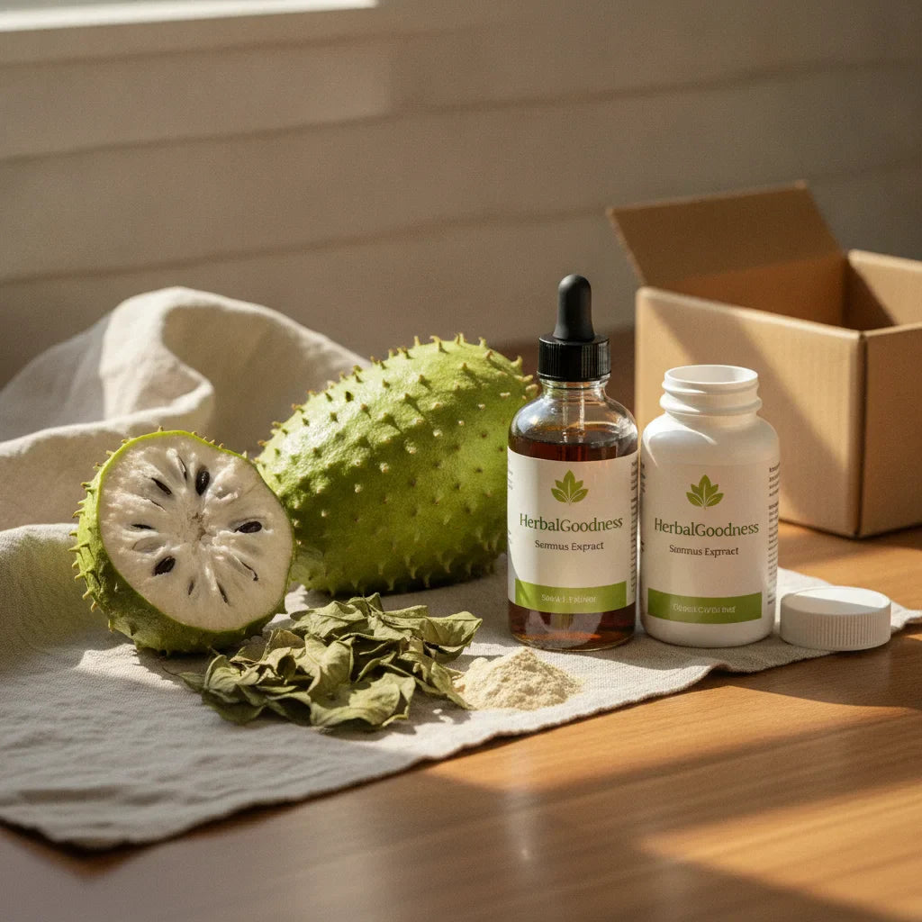 Soursop products grouped on kitchen counter