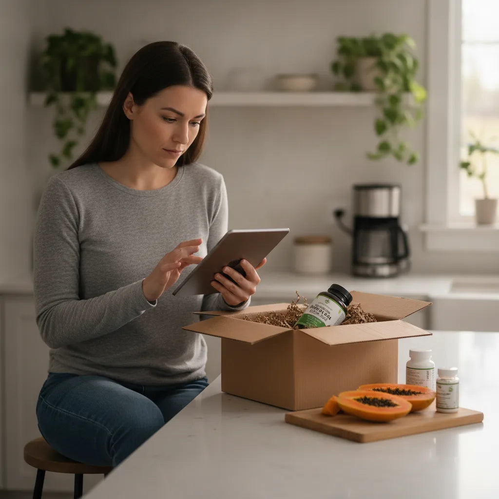 Woman inspects papaya capsules shipment at home