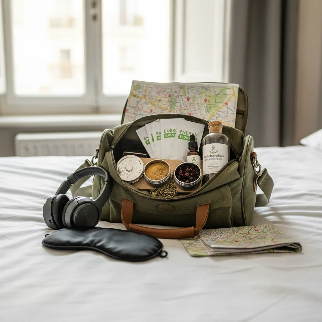 Herbal energy kit in travel bag open