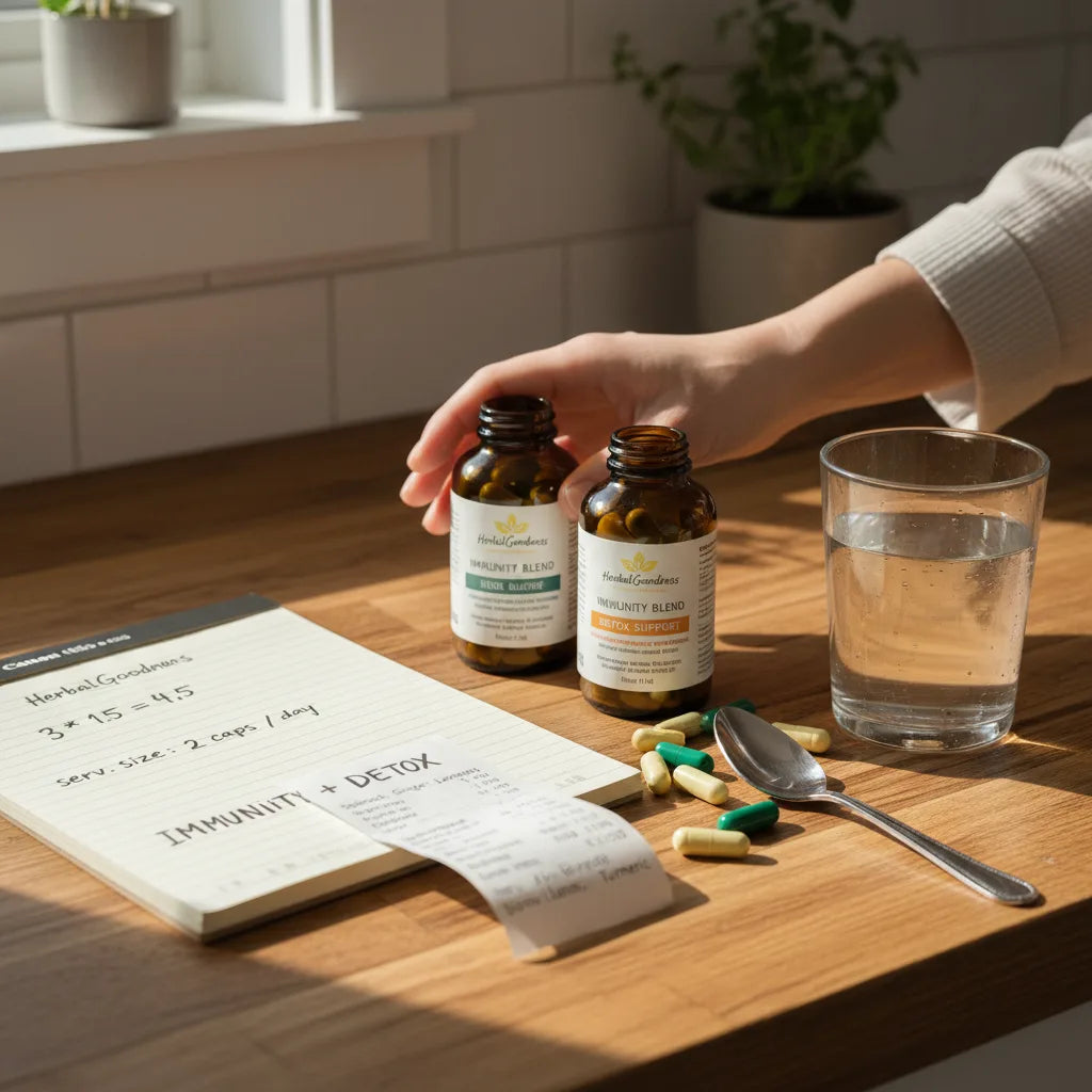 Comparing supplement capsules with notes and receipt