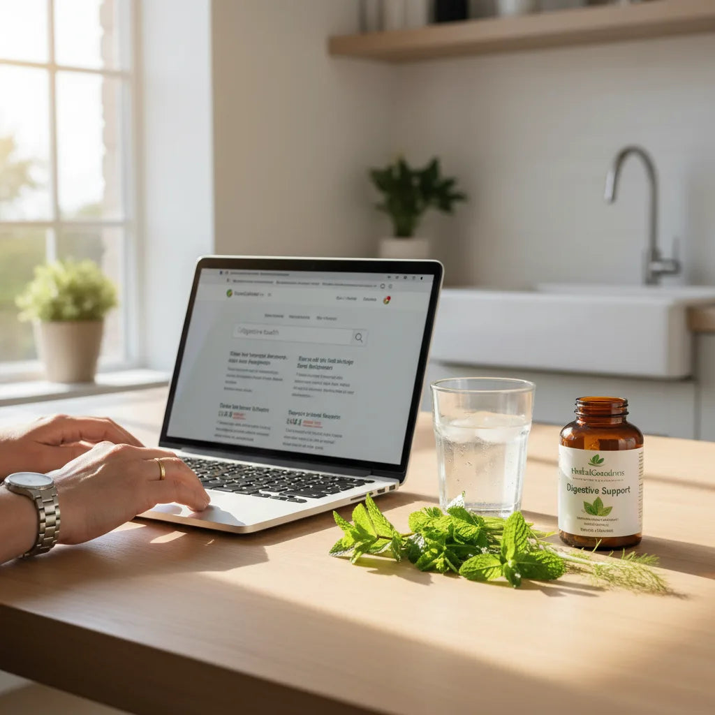 Person researching herbal supplements online kitchen table