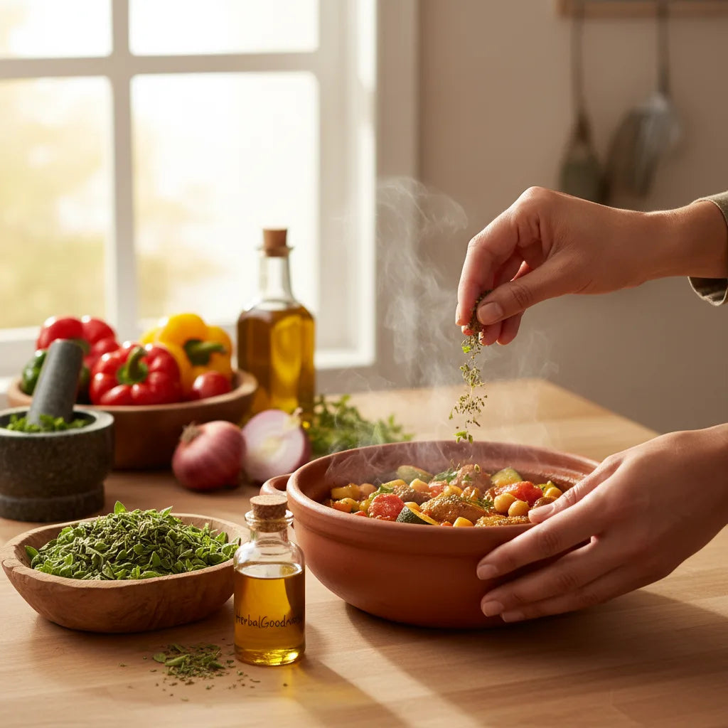 Oregano leaves and oil in active kitchen
