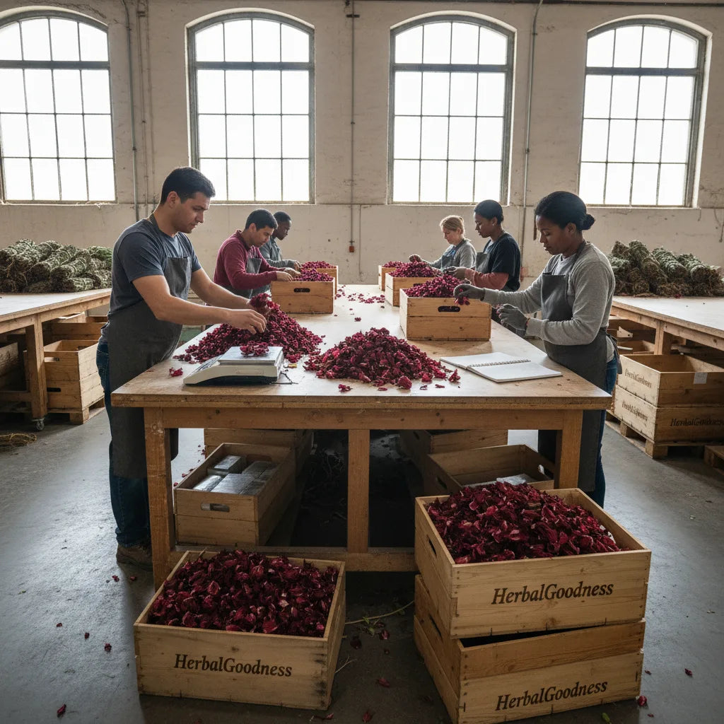 Sorting fresh hibiscus in natural warehouse light