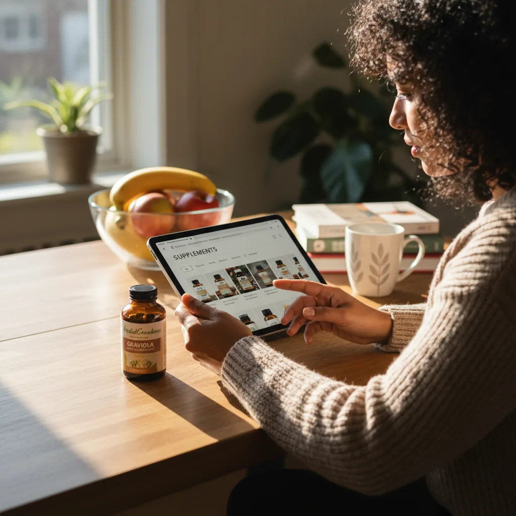 Browsing supplements online at kitchen table