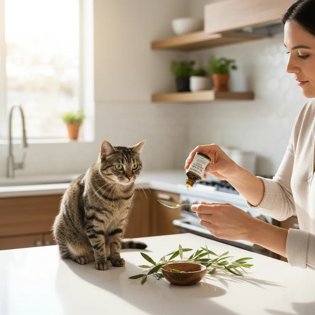 Owner pours olive leaf extract for cat