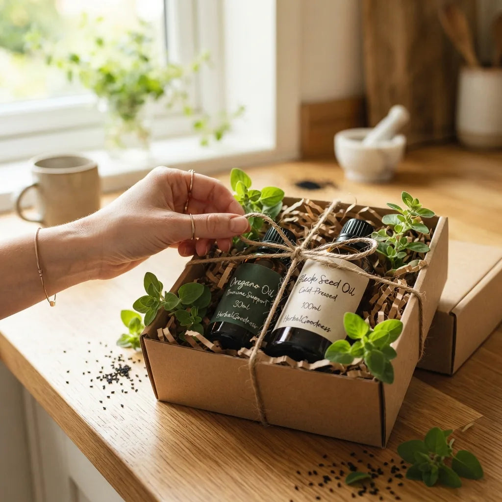Assembling oregano and black seed oil gift bundle