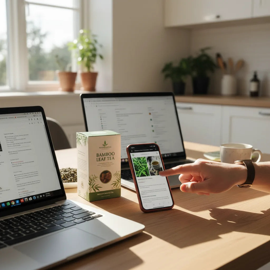 Person inspecting bamboo tea online listing details