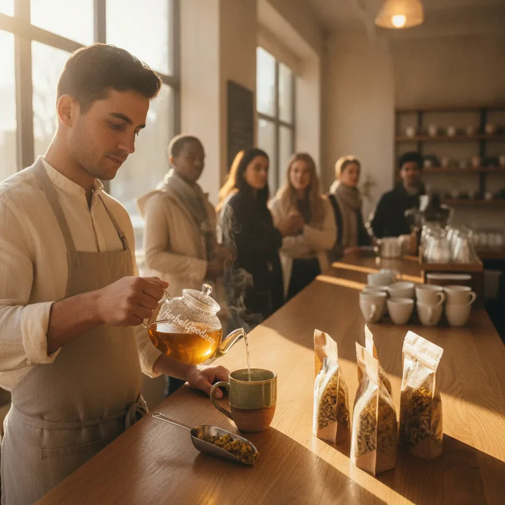 Barista serves mullein tea in busy café