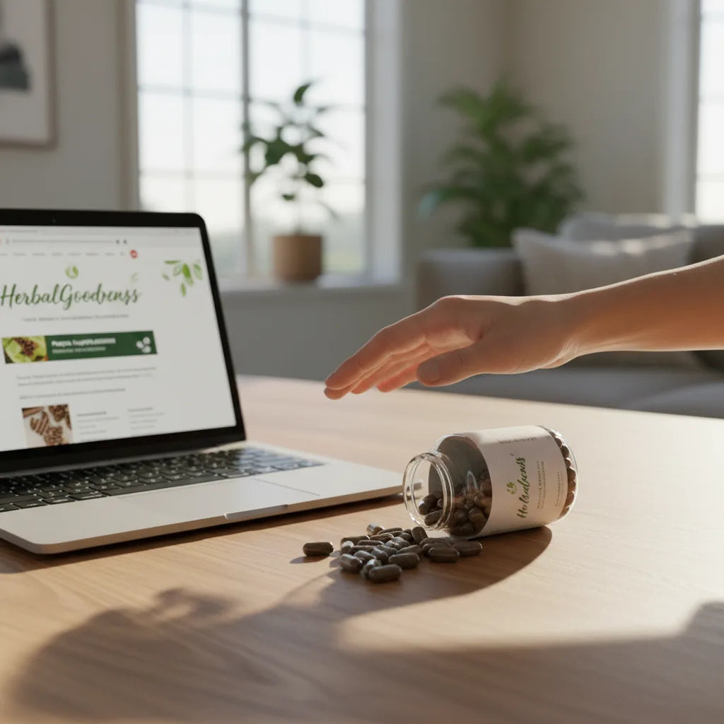 Person inspects papaya capsules while online shopping