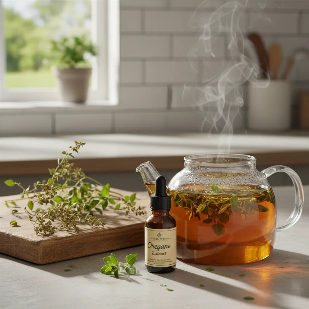 Oregano tea and extract on sunlit counter
