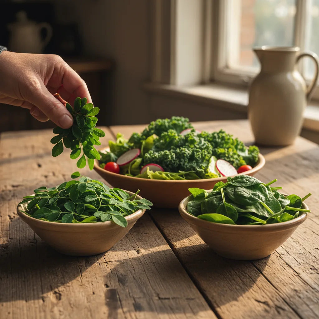 Fresh moringa, kale, spinach arranged on table