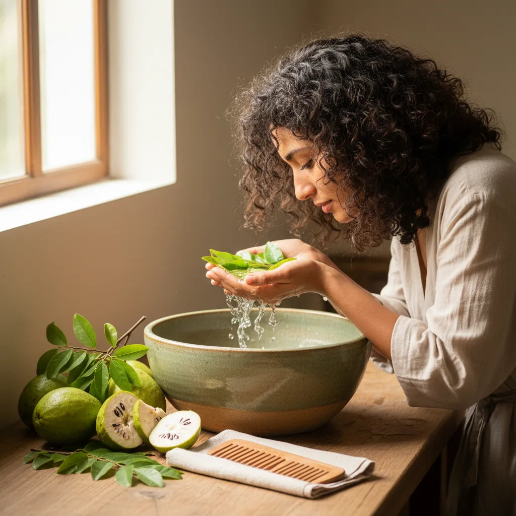 Woman using soursop rinse in bathroom