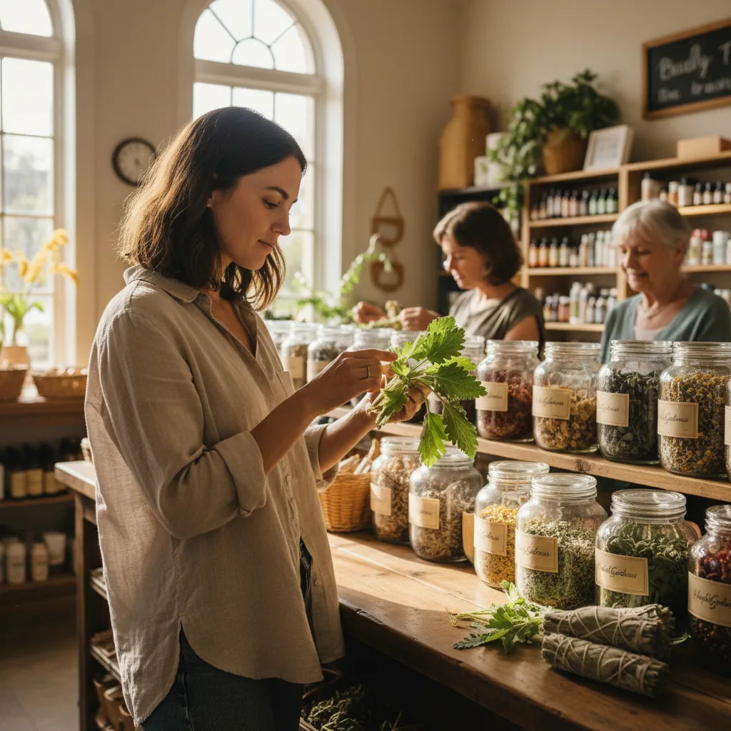 Woman inspects mullein leaf at local shop