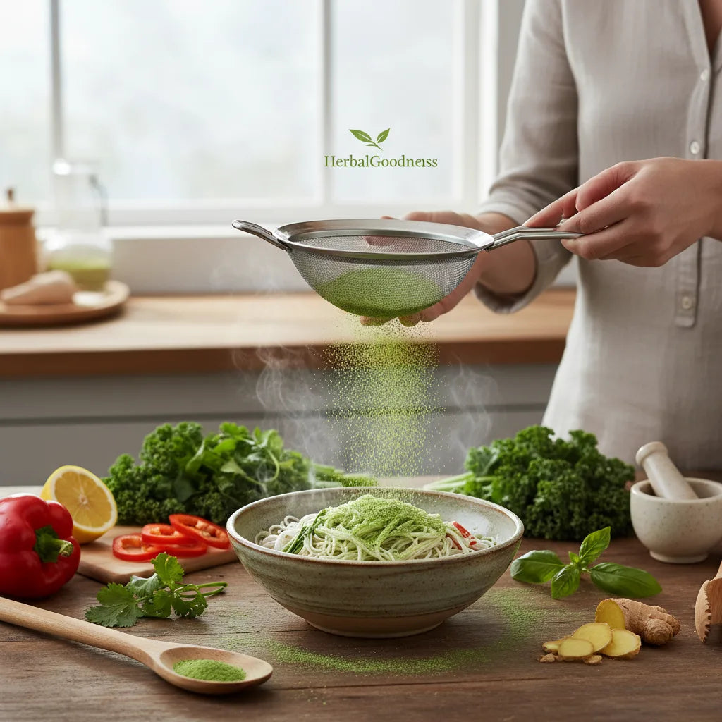 Bamboo leaf powder blended in home kitchen