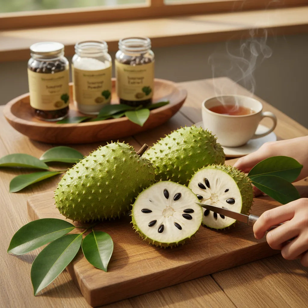 Different soursop species arranged on kitchen table