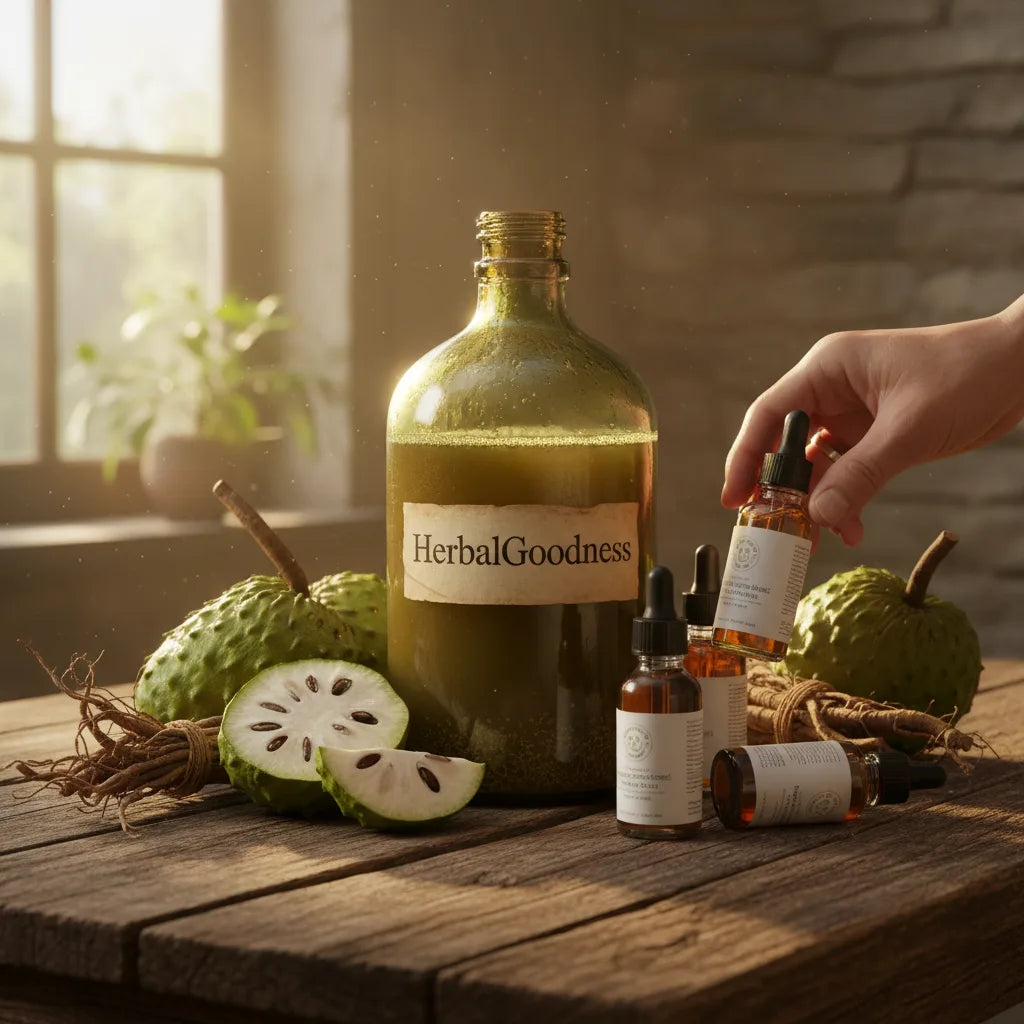 Soursop bitters bottles with fresh botanicals sunrise