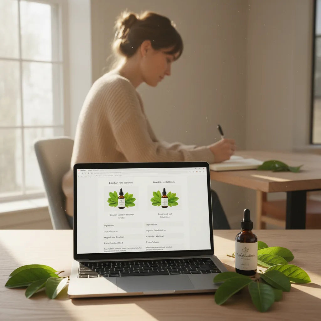 Woman researches soursop tinctures at laptop