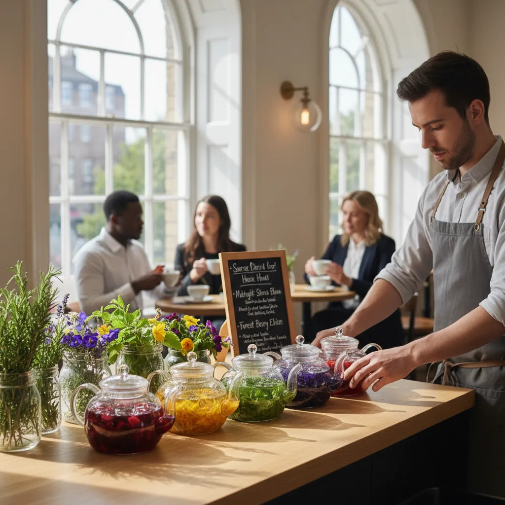 Barista arranging creative herbal teas in café