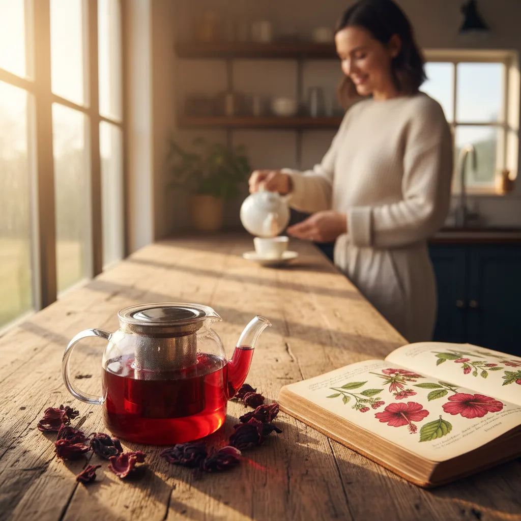 Pouring hibiscus tea among fresh petals