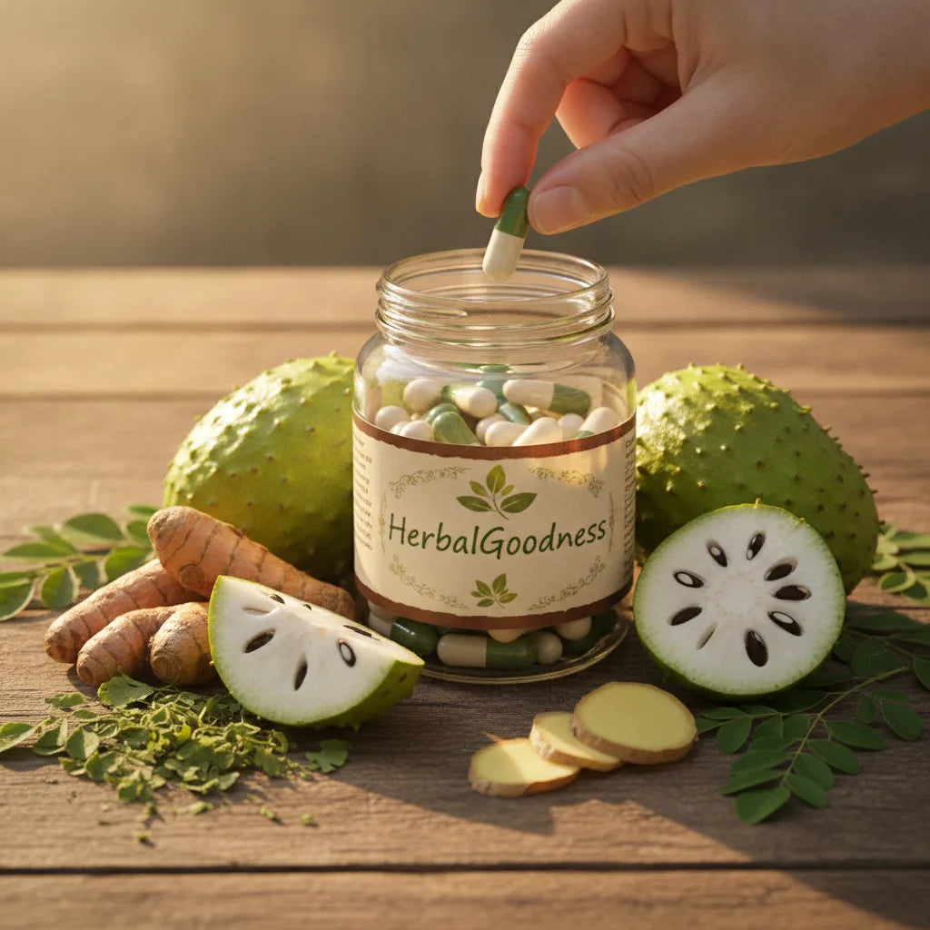 Hand picking capsule near soursop blend