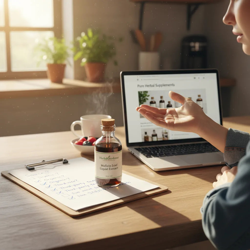 Person researching mullein extract at kitchen table