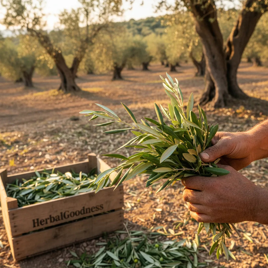 Farmer holding olive leaves in grove