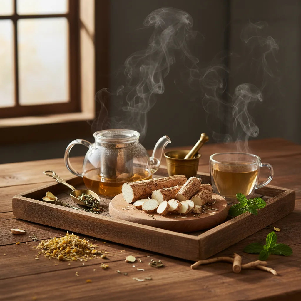 Fresh calamus root and tea in kitchen